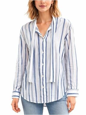 Elizabeth and James Blue White Striped Tie Neck Button Down Tunic Shirt Size M